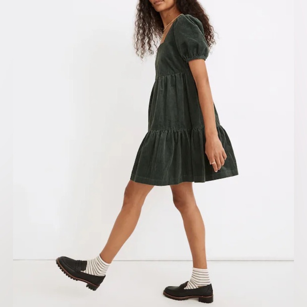 Madewell - Corduroy Aidy Square-Neck Tiered Mini Dress Forest Green - Women’s 8